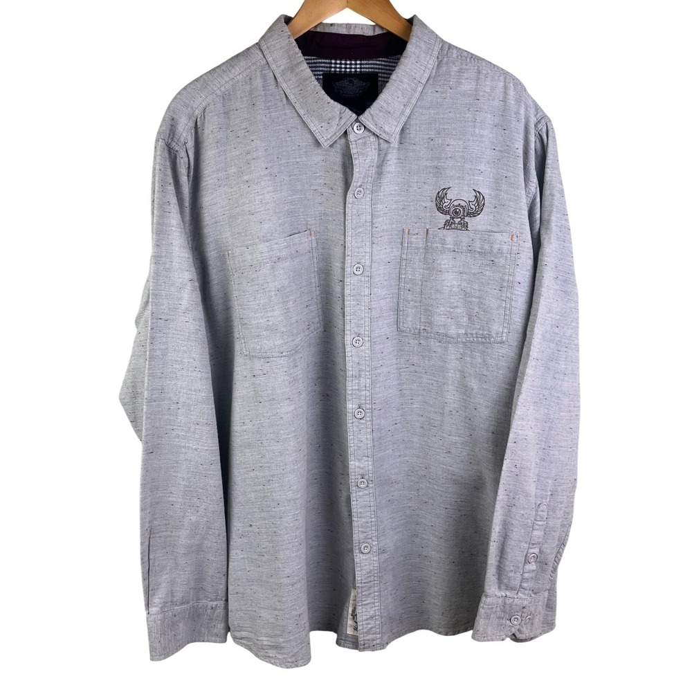 Harley‎ Davidson Gray Speckled Long Sleeve Button Shirt Winged Helmet 3XL Men's